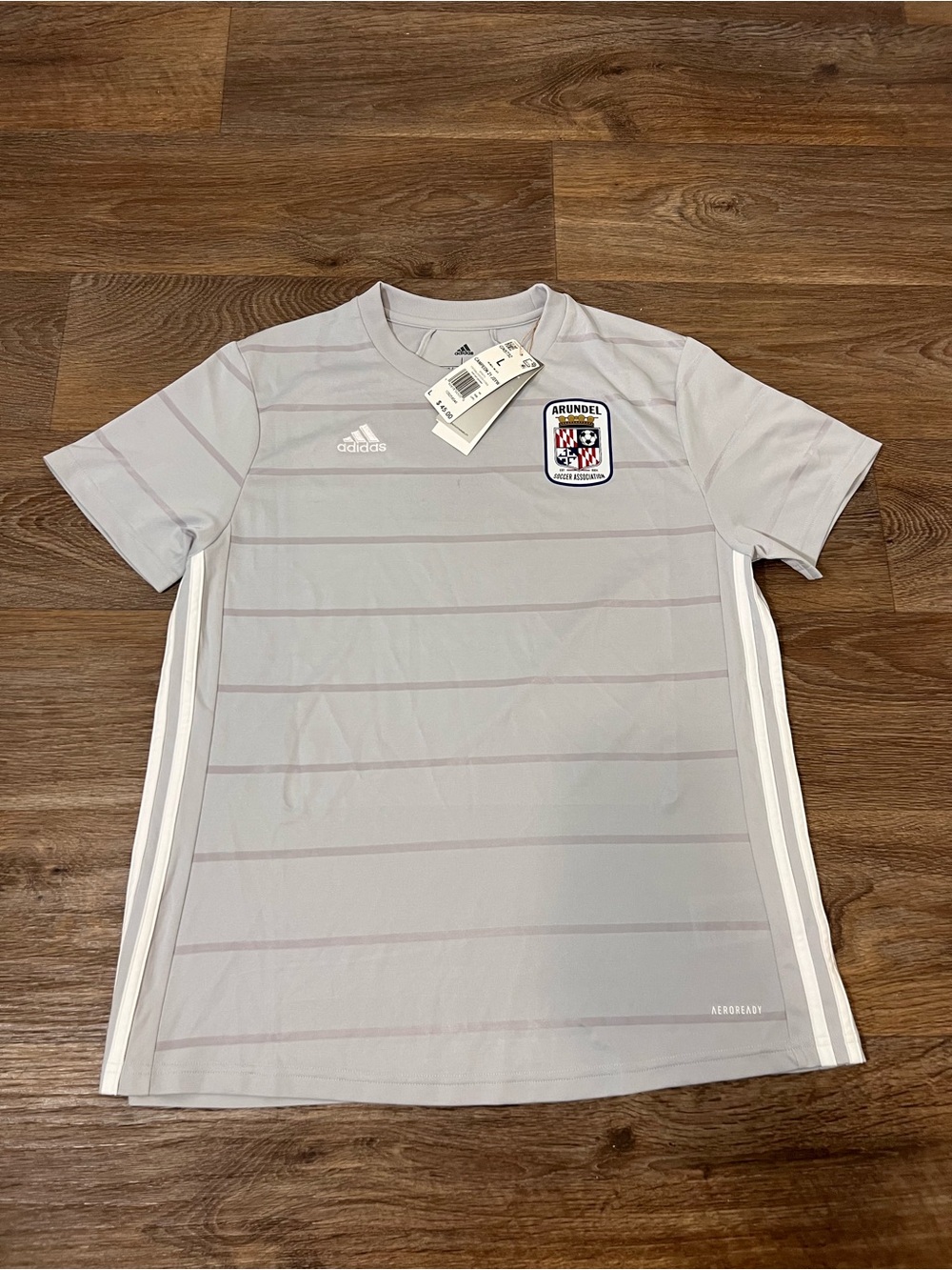 adidas women’s Light Gray Arundel Soccer Jersey with White Stripes/A812